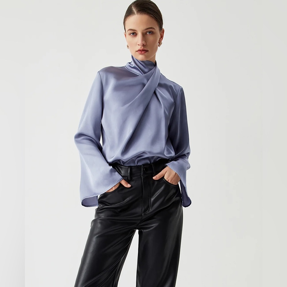 129 Asymmetric Pleated Turtleneck Satin Blouse